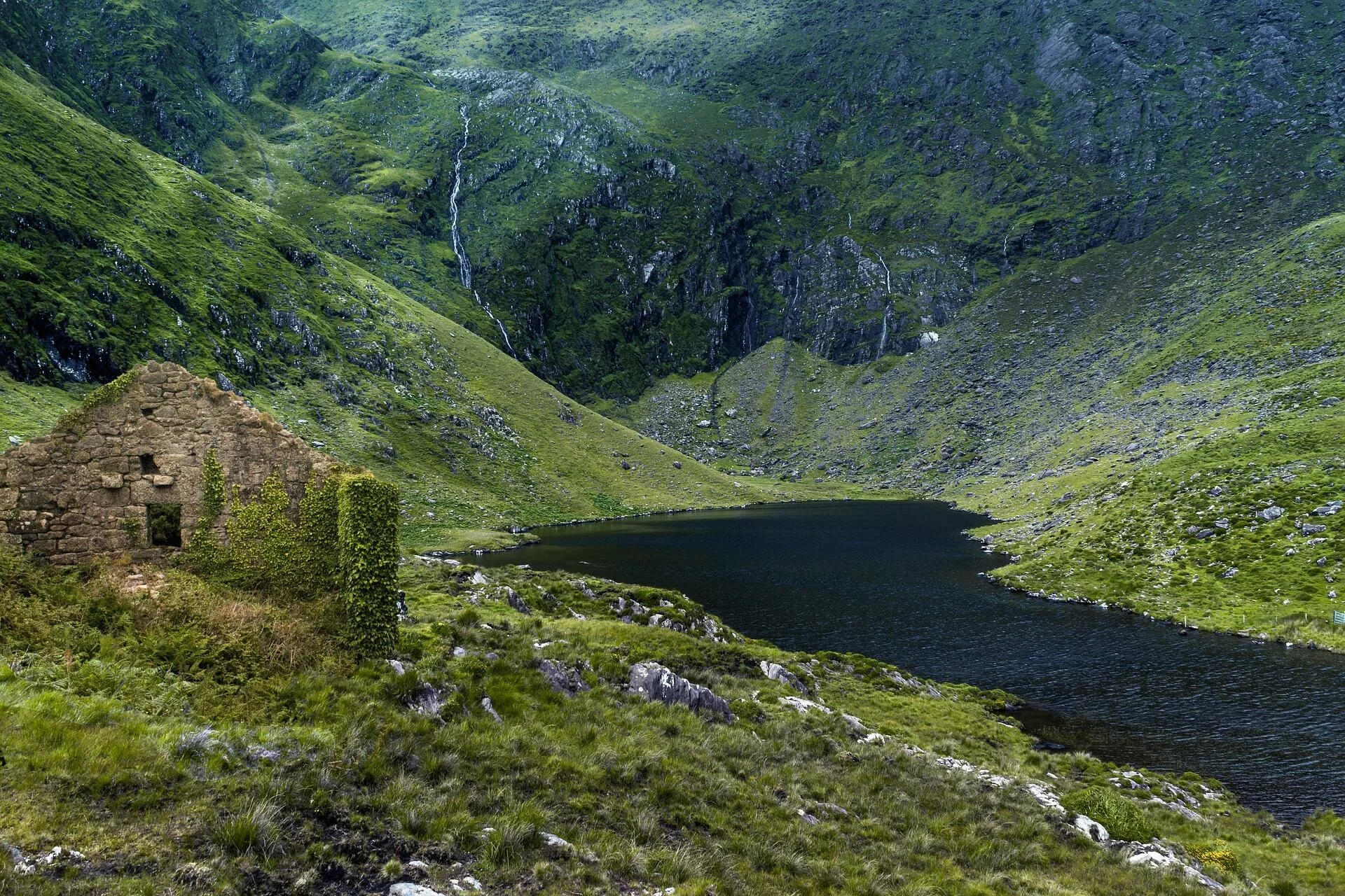 Scenic view of Irish landscape with a ruin